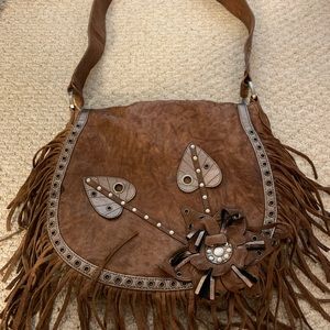 Brown leather fringe shoulder bag
